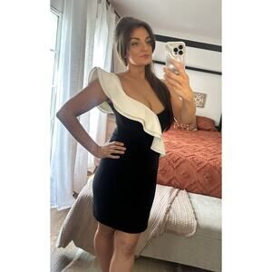 Parker Size Medium Black White Ruffle Knee Length Dress